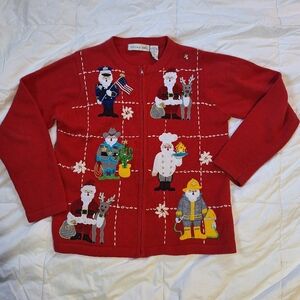 Victoria Jones Vintage Christmas Sweater – Occupational Santa Cardigan – Size Sm